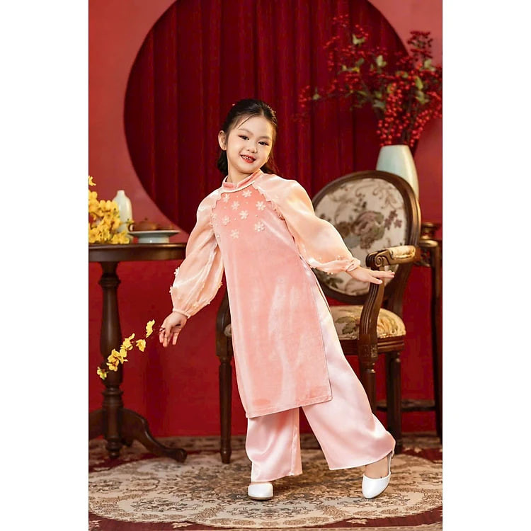 Áo dài cách tân bé gái, Set áo dài tết cho bé 1-10 tuổi đính hoa tay voan hàng thiết kế điệu đà thời trang