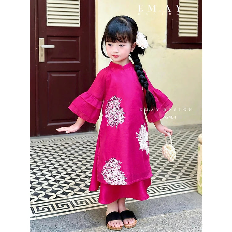 Áo dài tết cho bé gái mẫu Hoa thêu xinh xắn màu đỏ hồng từ 12-40kg hàng thiết kế cao cấp