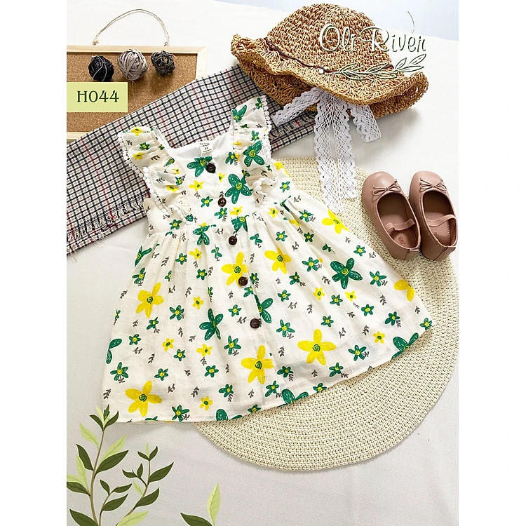 Váy hè cho bé gái 1-10 tuổi sát nách cánh tiên dáng xòe, Đầm babydoll trẻ em vải thô đũi nhẹ thoáng mát