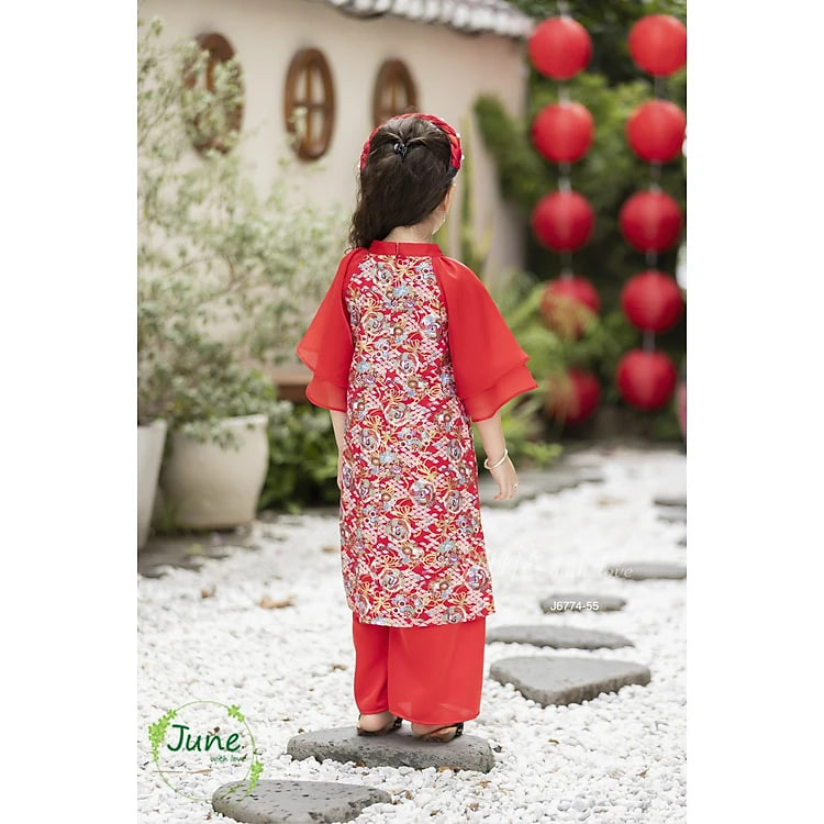 Áo dài cách tân bé gái, Set áo dài tết cho bé 1-10 tuổi hình phượng vũ vải thô nhũ hàng thiết kế điệu đà thời trang