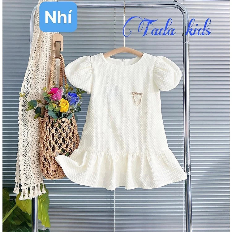 Đầm váy babydoll tay phồng cho bé gái màu trắng hồng xanh diện đi chơi đi học đẹp size 12-40kg chất vải mềm mát
