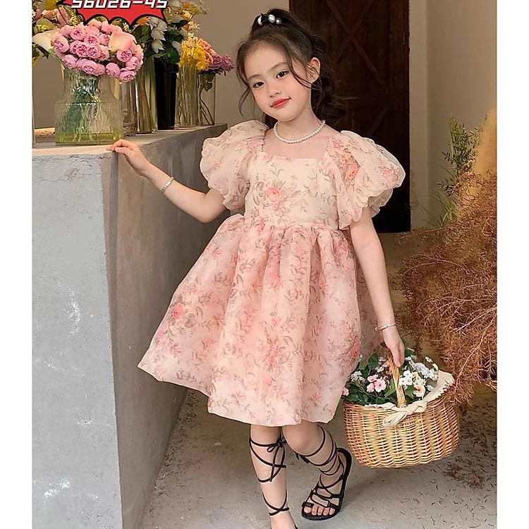 Đầm váy babydoll tay phồng cho bé gái màu hồng diện đi chơi đi học du lịch đẹp size 12-35kg hàng thiết kế