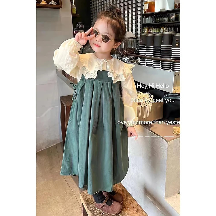 Bộ yếm cho bé gái phối sơ mi dáng babydoll rộng tone màu Hàn Quốc size 12-30kg hàng Quảng Châu