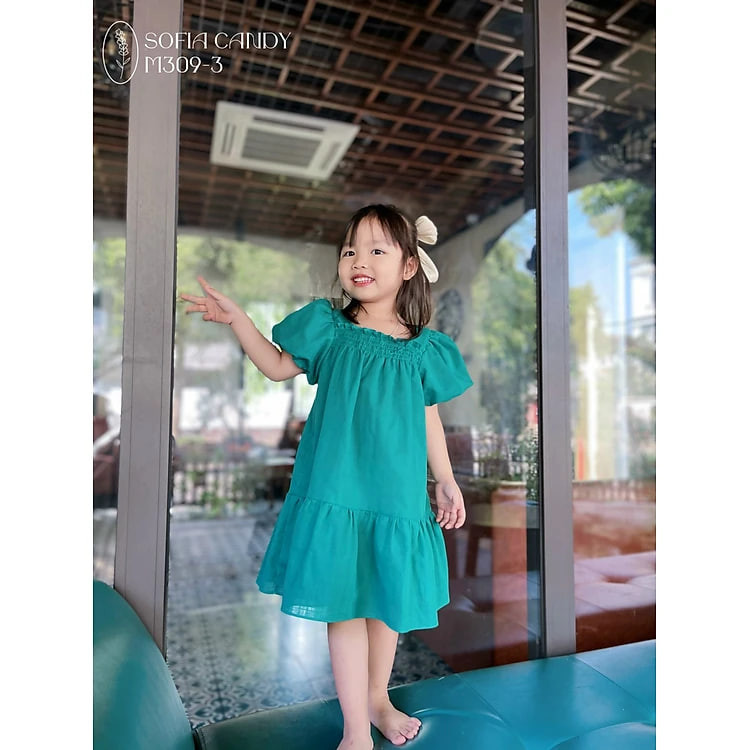 Váy hè cho bé gái 1-10 tuổi tay phồng vải đũi xước, Đầm babydoll trẻ em nhẹ thoáng mát