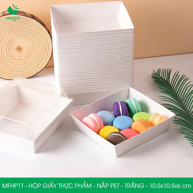 MFHP1T - 10.5x10.5x6 cm - 50 hộp giấy thực phẩm màu trắng nắp Pet, hộp giấy vuông đựng thức ăn, hộp bánh nắp trong