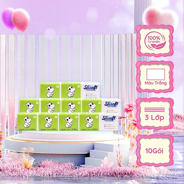 10 Gói Giấy ăn Slisoft Trắng 3 lớp x 100 tờ đa năng,khăn giấy rút không chất tẩy trắng an toàn cho cả gia đình