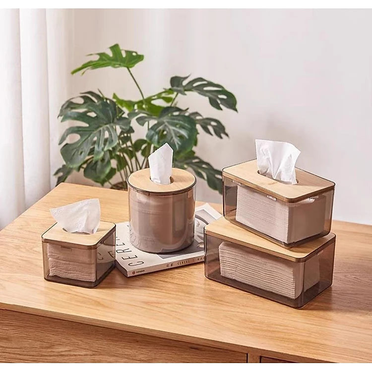 HỘP ĐỰNG GIẤY ĂN NHỰA MIKA TRONG SUỐT NẮP GỖ TRE PHONG CÁCH BẮC ÂU