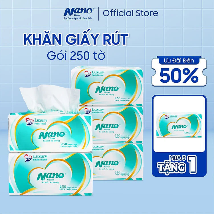MUA 5 TẶNG 1 Combo 5 gói khăn giấy rút lụa Nano 250 tờ 2 lớp, giấy ăn cao cấp, không chất tẩy trắng, an toàn cho người dùng