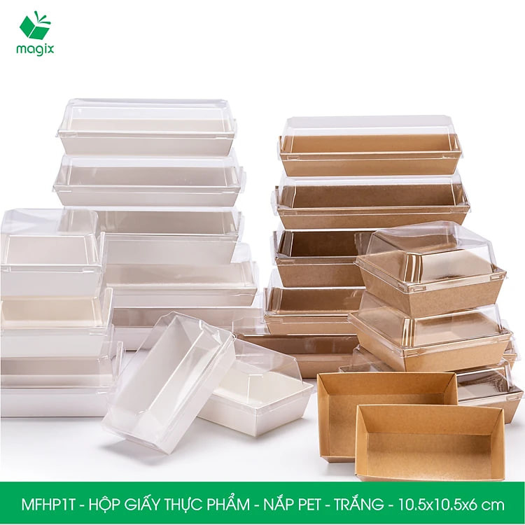 Combo 25 hộp giấy thực phẩm nắp Pet, hộp giấy đựng thức ăn, hộp bánh nắp trong