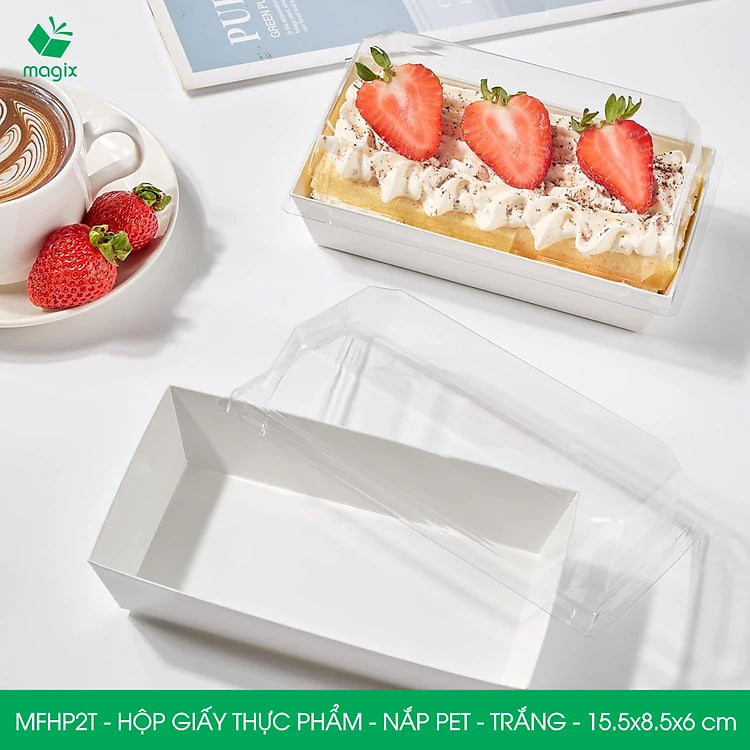 MFHP2T - 15.5x8.5x6 cm - 50 hộp giấy thực phẩm màu trắng nắp Pet, hộp giấy chữ nhật đựng thức ăn, hộp bánh nắp trong