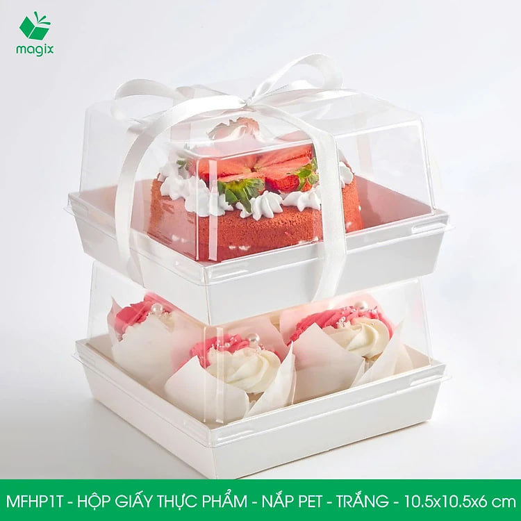 MFHP1T - 10.5x10.5x6 cm - 50 hộp giấy thực phẩm màu trắng nắp Pet, hộp giấy vuông đựng thức ăn, hộp bánh nắp trong