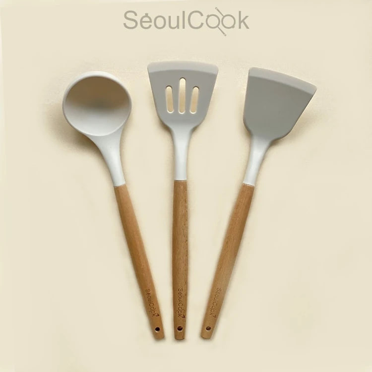 Bộ 3 dụng cụ nấu ăn Vá/ Sạn/Xẻng có rãnh cán gỗ Seoulcook cao cấp, chống dính dùng cho nhà bếp