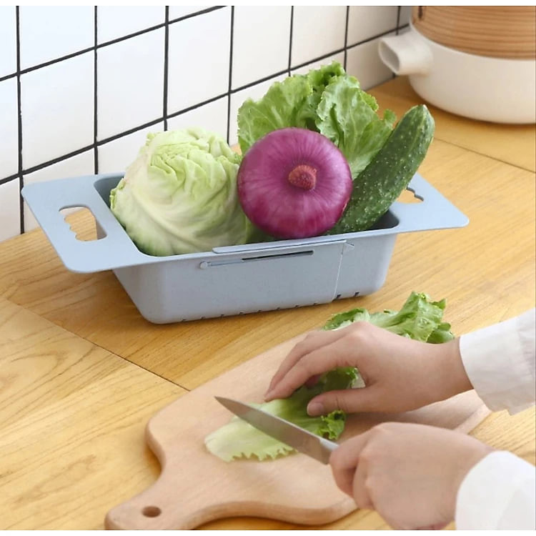 Rổ gác bồn gấp gọn đa năng lúa mách tiện dụng và hộp nhựa 3 ngăn có thìa ( tặng dụng cụ sắt khoai tây )
