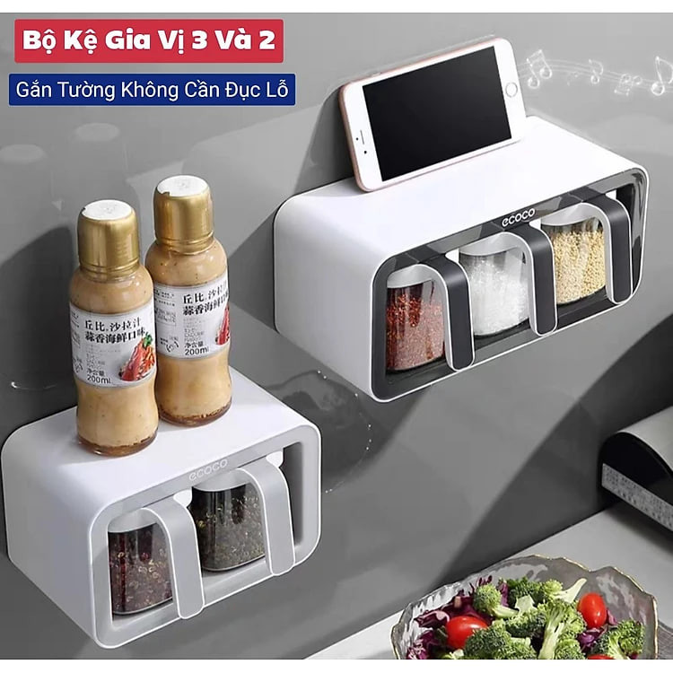 ✅ hàng cao cấp -  Bộ đựng gia vị 3 ngăn và bộ đựng gia vị 2 ngăn - hộp đựng gia vị thông minh kèm thìa bằng nhựa ABS gọn gàng tiện lợi - gắn tường không cần khoan đục