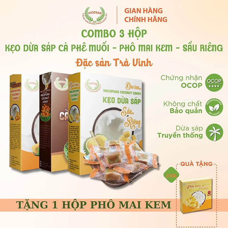 COMBO 3 Kẹo dừa sáp VICOSAP kẹo mềm dẻo ít đường đặc sản Trà Vinh