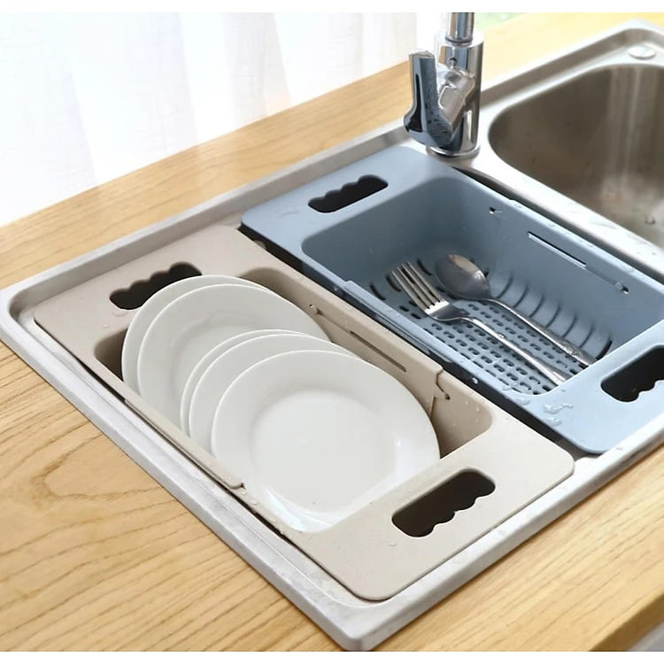 Rổ gác bồn gấp gọn đa năng lúa mách tiện dụng và hộp nhựa 3 ngăn có thìa ( tặng dụng cụ sắt khoai tây )