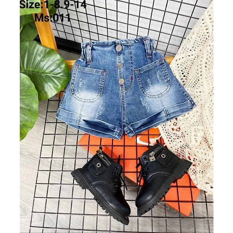Quần đùi lưng cao cho bé gái phối đồ đi chơi đi học sành điệu size 12-35kg chất jeans co giãn mềm mát