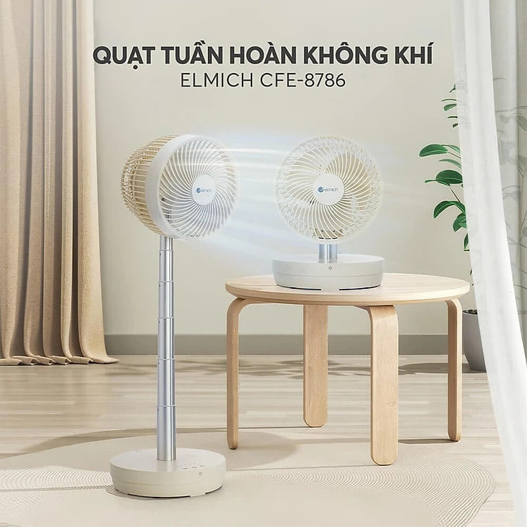 Quạt sạc tuần hoàn không khí Elmich CFE-8786, dung lượng pin lớn, hoạt động liên tục tới 10h, tạo nên luồng gió mạnh, di chuyển linh hoạt 90° theo chiều ngang tạo luồng gió đa chiều, làm mát nhanh, dễ chịu - Hàng chính hãng
