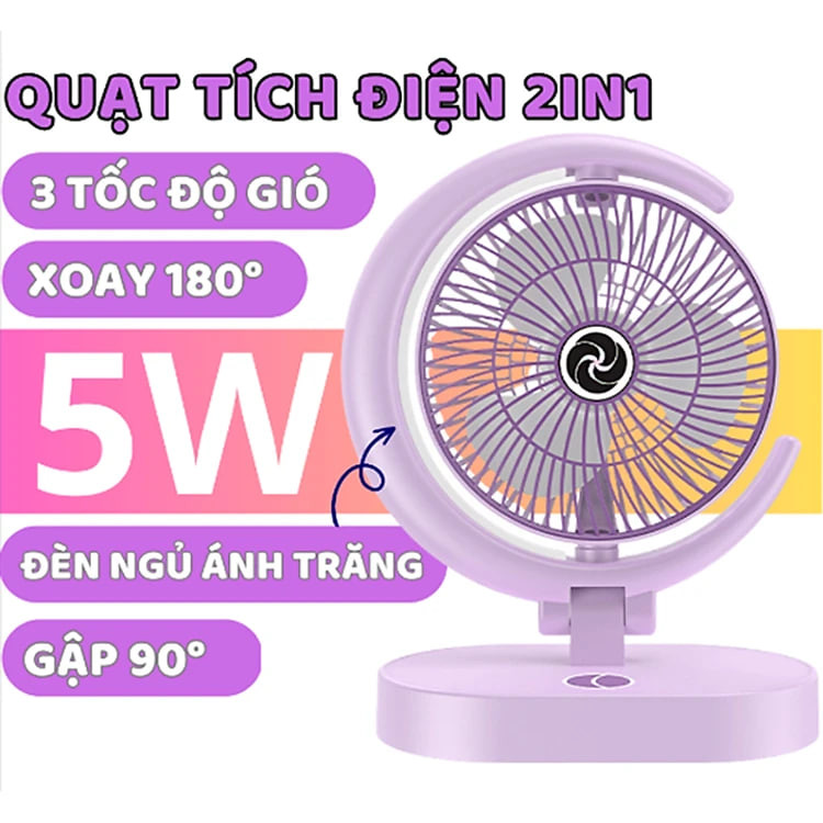 Quạt Để Bàn Tích Điện Mini 3 Cấp Độ Gió Teement, Tích Hợp Đèn Ngủ Động Cơ Không Tiếng Ồn Pin Pin 1200mah , Điều Chỉnh Lên Xuống 360°- Hàng Chính Hãng