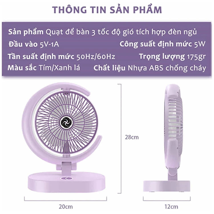 Quạt Để Bàn Tích Điện Mini 3 Cấp Độ Gió Teement, Tích Hợp Đèn Ngủ Động Cơ Không Tiếng Ồn Pin Pin 1200mah , Điều Chỉnh Lên Xuống 360°- Hàng Chính Hãng