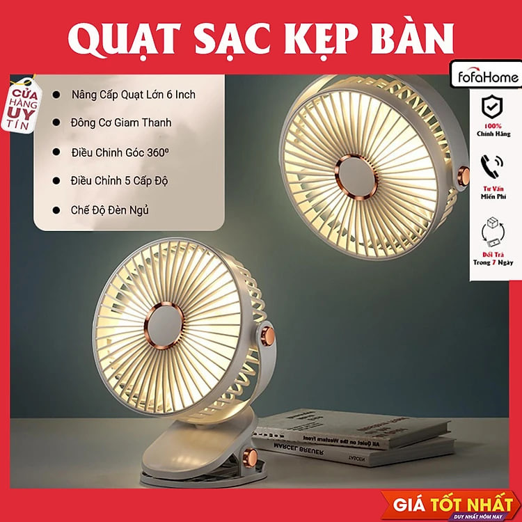 Quạt Mini Sạc Điện Quạt Kẹp Bàn, Quạt Máy Tính Để Bàn, Điều Chỉnh Tốc Độ 5 Tốc Độ Xoay 720 Độ - Hàng Nhập Khẩu