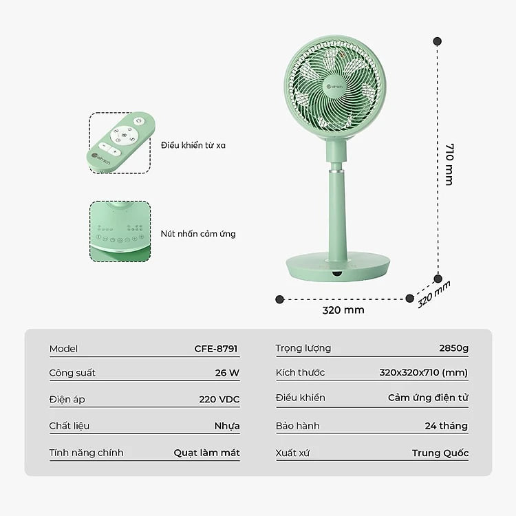 Quạt tuần hoàn không khí Elmich CFE-8791, làm mát diện rộng và làm mới không khí tới 20 lần/giờ, quạt tạo luồng gió tuần hoàn và điều hòa không khí trong phòng - Hàng chính hãng