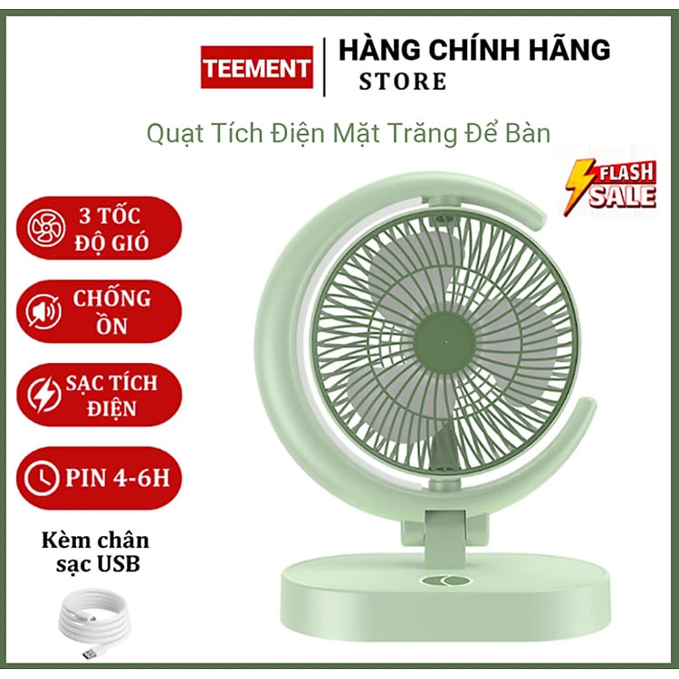 Quạt Để Bàn Tích Điện Mini 3 Cấp Độ Gió Teement, Tích Hợp Đèn Ngủ Động Cơ Không Tiếng Ồn Pin Pin 1200mah , Điều Chỉnh Lên Xuống 360°- Hàng Chính Hãng