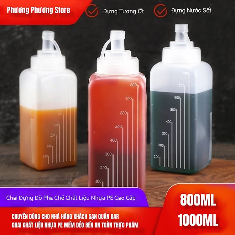CHAI BÓP ĐỰNG TƯƠNG ỚT NƯỚC SỐT ĐỒ PHA CHẾ CHUYÊN DÙNG CHO NHÀ HÀNG KHÁCH SẠN QUÁN BAR DT 800ML VÀ 1000ML CAO CẤP HÀNG MỚI