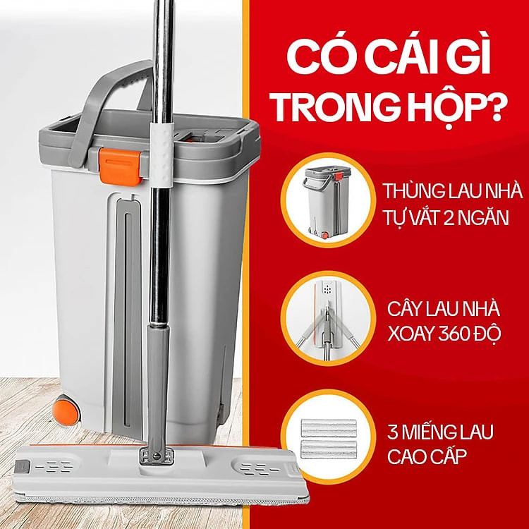 Bộ Cây Lau Nhà KITIMOP PRO MAX - Thùng Lau Nhà Tự Vắt Thông Minh, Chổi Lau Nhà Xoay 360 Độ, Lau Sàn Làm Sạch