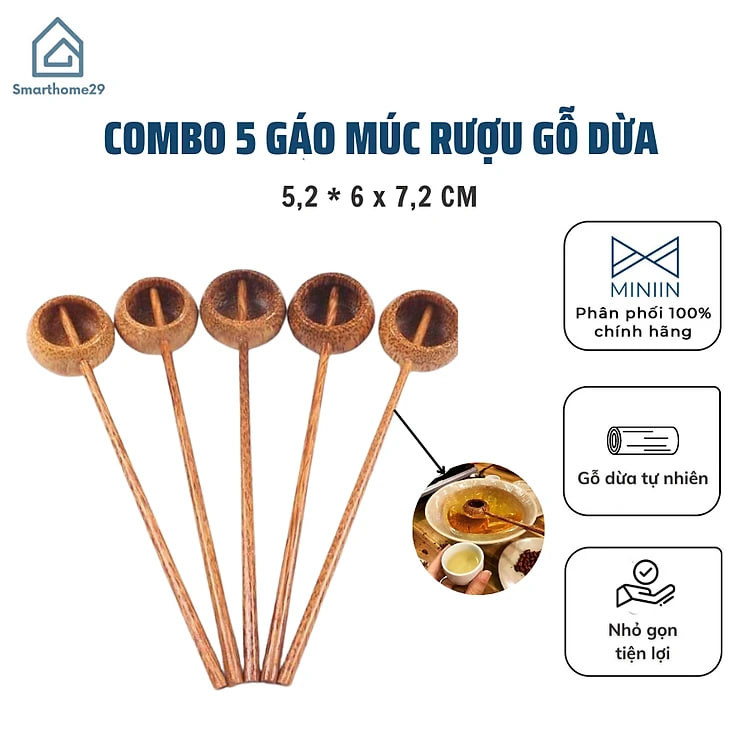 Combo 5 Gáo Múc Rượu Gỗ Dừa Nhỏ Gọn Tiện Dụng, Gáo múc Nước Mắm, Nước Tương Dày Đẹp, Có Thể Làm Phụ Kiện Trang Trí MINIIN