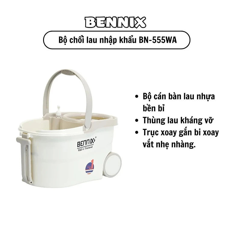 Bộ lau nhà cán Inox 304 Bennix Thái Lan BN-555WA xoay 360 có bánh xe lớn, bảo hành 12 tháng