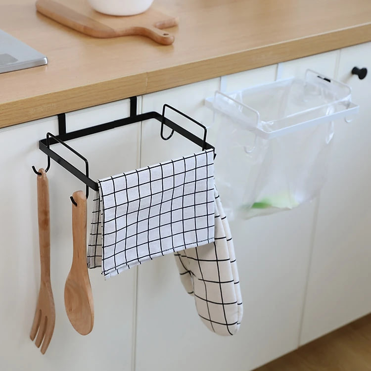 Kệ sắt treo rác cài cửa tủ bếp có 4 móc treo tiện dụng 26x15.3x7,7cm, chọn màu theo ý