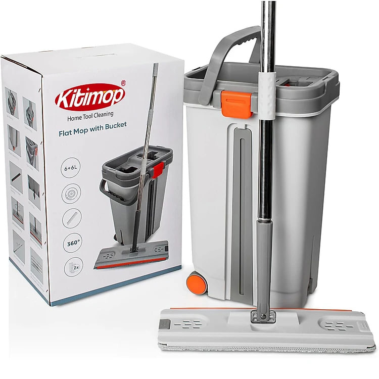 Bộ Cây Lau Nhà KITIMOP PRO MAX - Thùng Lau Nhà Tự Vắt Thông Minh, Chổi Lau Nhà Xoay 360 Độ, Lau Sàn Làm Sạch