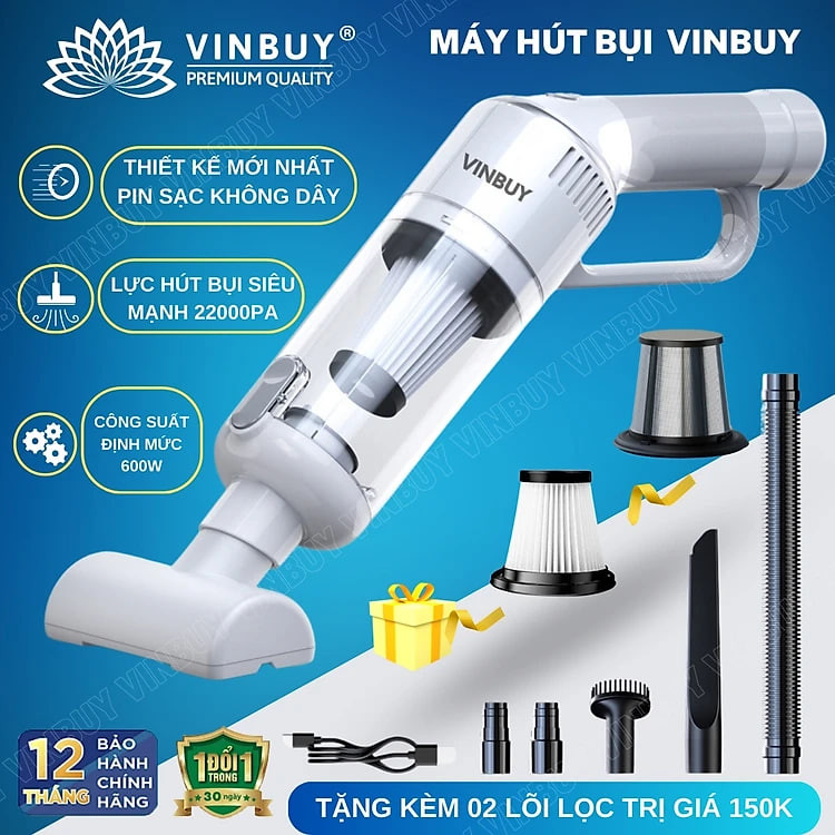 Máy hút bụi cầm tay, hút bụi xe ô tô, xe hơi, giường nệm, lực hút mạnh 22000PA, pin sạc không dây - Chính hãng VinBuy