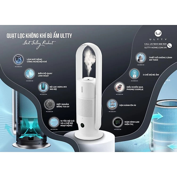 [Nhập CECAMP300KD1 giảm 300K] Combo Máy Lọc Không Khí Bù Ẩm ULTTY SKJ - CR022 Dạng Quạt, Khử Khuẩn Bằng Tia UV + Màng lọc HEPA H14 Nano Phân Tử Bạc - Hàng Chính Hãng