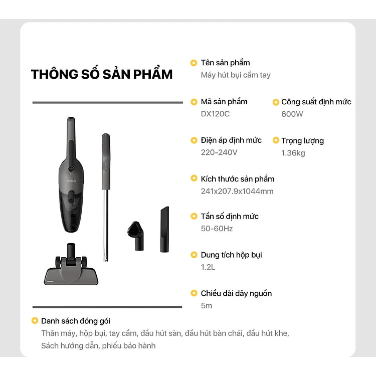 Máy hút bụi Deerma DX120C màu xám lực hút 16Kpa, Công suất 600W động cơ không chổi than {New 2025} - Hàng chính hãng