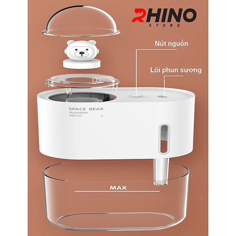 Máy phun sương tạo ẩm Rhino H905, dung tích 300ml, tích hợp đèn ngủ hàng chính hãng
