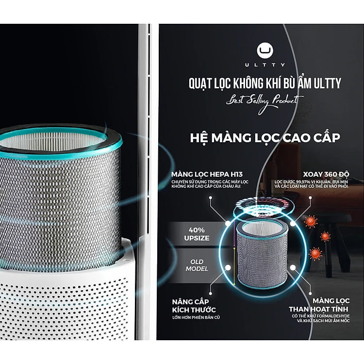 [Nhập CECAMP300KD1 giảm 300K] Combo Máy Lọc Không Khí Bù Ẩm ULTTY SKJ - CR022 Dạng Quạt, Khử Khuẩn Bằng Tia UV + Màng lọc HEPA H14 Nano Phân Tử Bạc - Hàng Chính Hãng