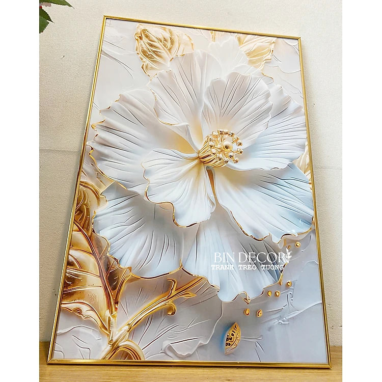 (ẢNH THẬT) Tranh treo tường hoa cánh mỏng trắng vàng trang trí decor kèm đinh