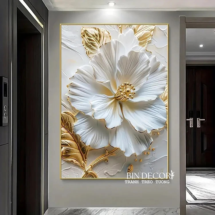 (ẢNH THẬT) Tranh treo tường hoa cánh mỏng trắng vàng trang trí decor kèm đinh