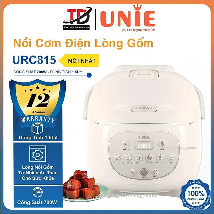 Nồi Cơm Điện Tử Unie URC815, Lòng Nồi Gốm Tự Nhiên 1.5Lit-700W, Ủ Ấm 3D, Hàng chính hãng