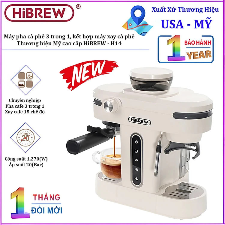 Máy pha cà phê bán tự động 3 trong 1 Espresso, Cappuccino, Latte. Kết hợp máy xay cà phê 15 chế độ. Thương hiệu Mỹ cao cấp HiBREW. HÀNG CHÍNH HÃNG