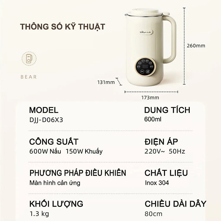 Máy làm sữa hạt Bear 600ml, 6 chức năng, xay nấu sữa hạt, xay sinh tố đa năng ANH LAM STORE - Hàng chính hãng