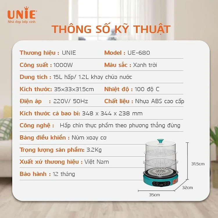 Nồi Hấp Điện 3 Tầng UNIE UE680, 15Lit - 1000w, Hấp Siêu Nhiệt Đa Chiều, Hàng Chính Hãng