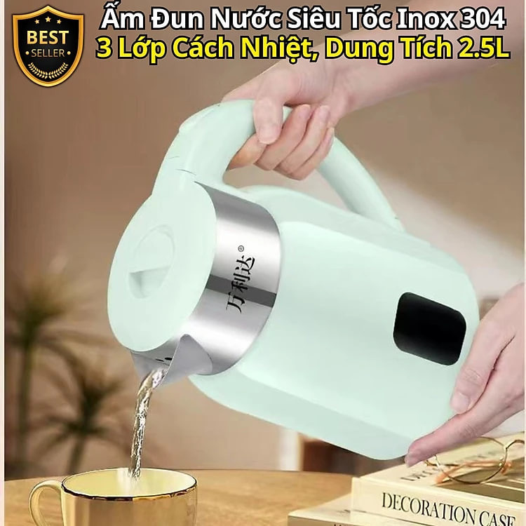 Bình Đun Nước Siêu Tốc Cao Cấp – Ấm Siêu Tốc Inox 304 Chống Gỉ, Công Suất 1500W, Dung Tích Lớn 2.5L - Hàng chính hãng D Danido