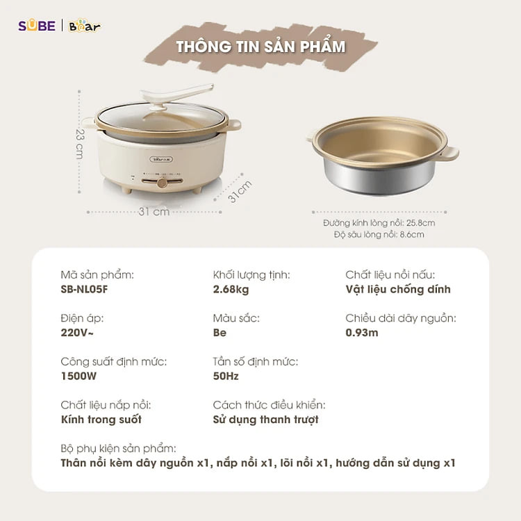 Nồi lẩu Bear SB-NL05F 5L (1500W) - Hàng chính hãng