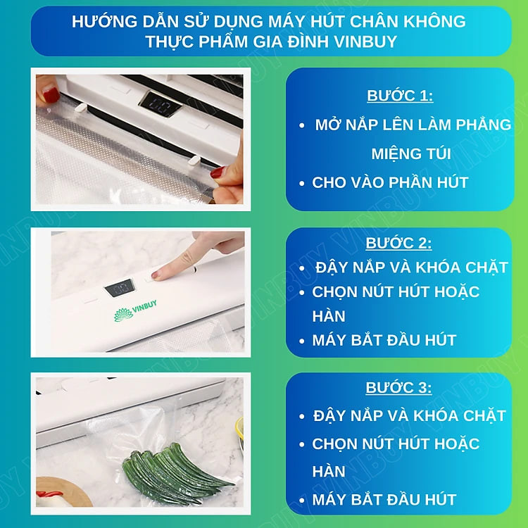 Máy hút chân không thực phẩm gia đình Vinbuy, bảo quản hàn miệng túi, hút khô ướt mềm, tặng kèm 10 túi hút chân không - Hàng chính hãng