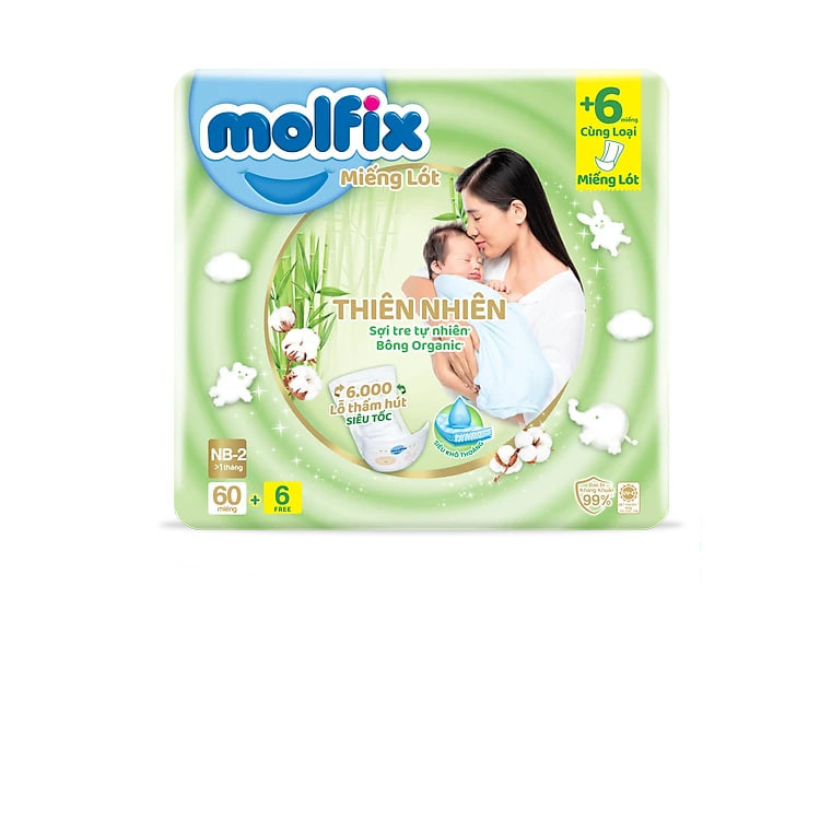 Miếng lót sơ sinh Molfix Thiên nhiên Super Jumbo Newborn 2 (trên 1 tháng tuổi) - Gói 60+6 miếng