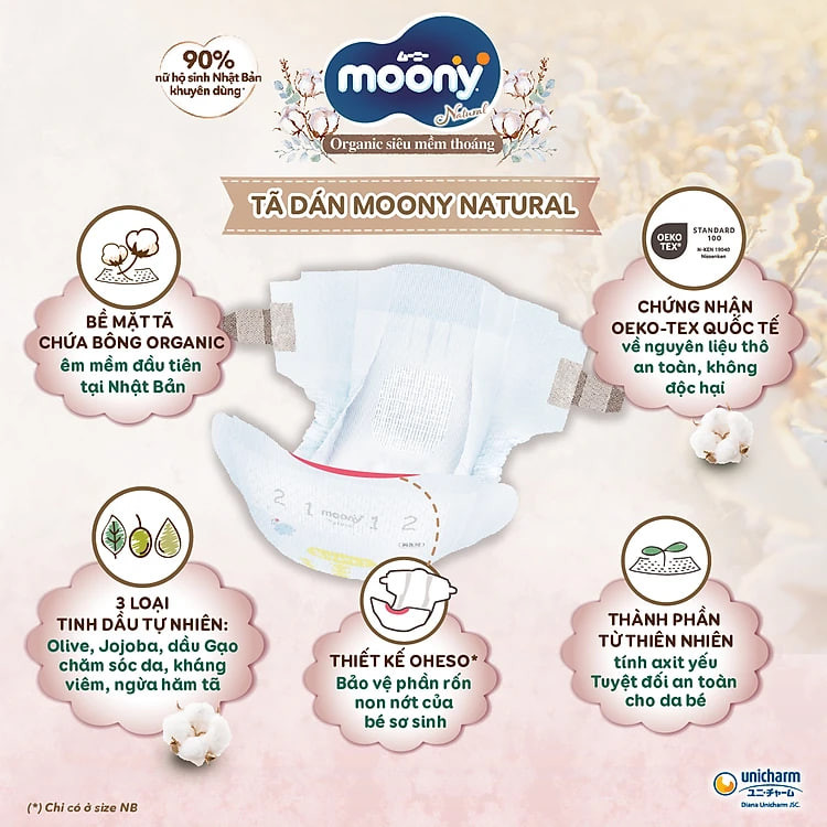 Tã/Bỉm dán organic siêu cao cấp Moony Natural Newborn 62+4 miếng