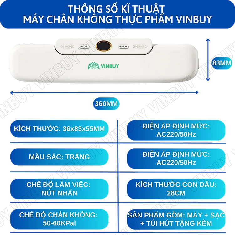 Máy hút chân không thực phẩm gia đình Vinbuy, bảo quản hàn miệng túi, hút khô ướt mềm, tặng kèm 10 túi hút chân không - Hàng chính hãng